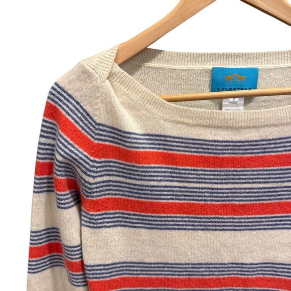 IsleField 100% Cashmere Boatneck Sweater Ivory with blue & coral stripes S - Picture 6 of 11